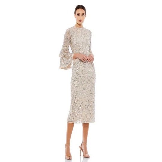 Mac Duggal 10806 Sequin Tiered Bell Sleeve Midi Dress Nude Silver Size 4